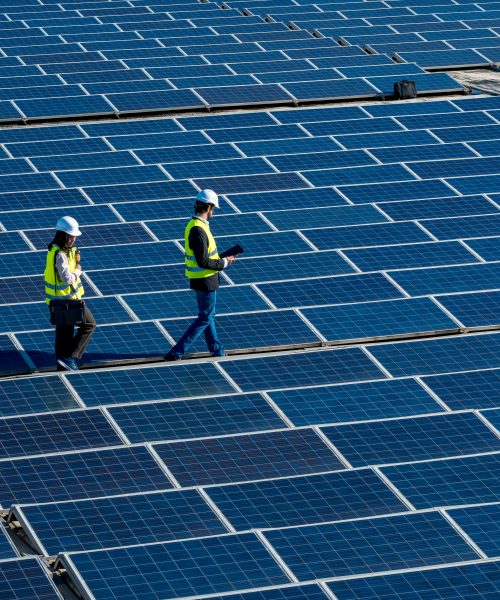 Engineers wearing safety vests and hard hats walking along rows of blue solar panels, performing inspection and maintenance at a renewable energy power station